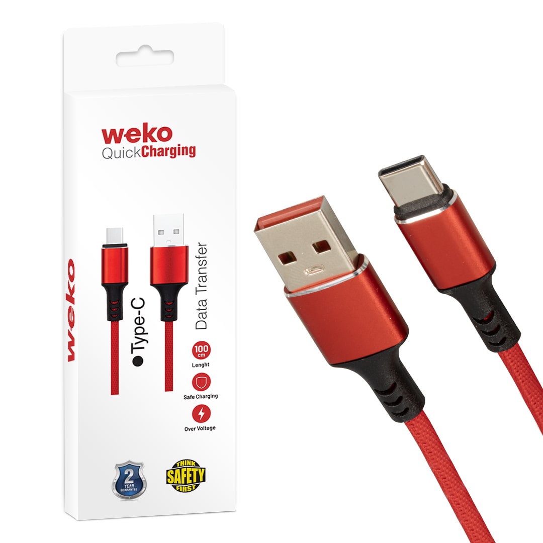 Weko WK-22024 USB to Type-C Örgülü Kırmızı Xiaomi , Samsung Şarj Data Kablosu 1 Metre